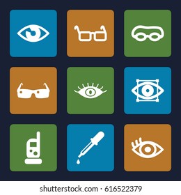 Eye icons set. set of 9 eye filled icons such as baby monitor phone, pipette, glasses, sunglasses