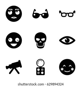 Eye icons set. set of 9 eye filled icons such as eyeshadow palette, crazy emot, blush, rolling eyes emot, eye, sunglasses, skull, glasses