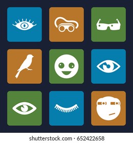 Eye icons set. set of 9 eye filled icons such as sparrow, eyelash, eye, welding glasses, crazy emot, rolling eyes emoji