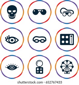 Eye icons set. set of 9 eye filled icons such as eyeshadow palette, eye, welding glasses, sunglasses, skull, ferris wheel