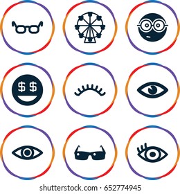 Eye icons set. set of 9 eye filled icons such as eyelashes, nerd emoji, dollar smiley, eye, sunglasses, glasses
