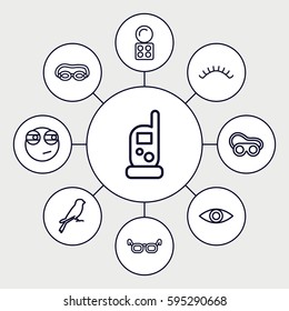 eye icons set. Set of 9 eye outline icons such as sparrow, baby monitor phone, eyeshadow palette, eyelashes, welding glasses, eye, rolling eyes emoji, glasses