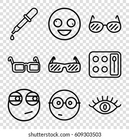 Eye icons set. set of 9 eye outline icons such as pipette, eyeshadow palette, eye, glasses, sunglasses, crazy emot, nerd emoji