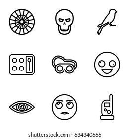 Eye icons set. set of 9 eye outline icons such as sparrow, baby monitor phone, eyeshadow palette, welding glasses, eye, skull, crazy emot, rolling eyes emot