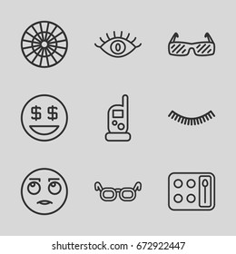 Eye icons set. set of 9 eye outline icons such as baby monitor phone, eyelash, eyeshadow palette, eye, sunglasses, rolling eyes emot, dollar smiley, glasses