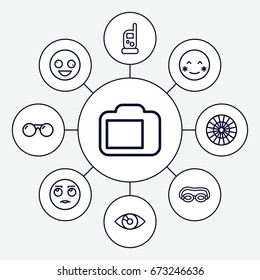 Eye icons set. set of 9 eye outline icons such as baby monitor phone, camera display, sunglasses, crazy emot, blush, rolling eyes emot, swimming glasses, dart