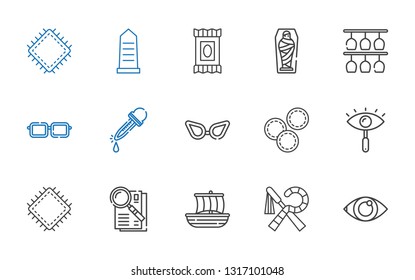 eye icons set. Collection of eye with egypt, trireme, observe, patch, makeup remover wipes, glasses, eyedropper, eyeglasses, mummy. Editable and scalable eye icons.