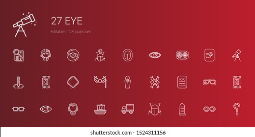 eye icons set. Collection of eye with egypt, side view, trireme, egyptian, eyeglasses, vision, eye mask, patch, makeup remover wipes, pipette. Editable and scalable icons.