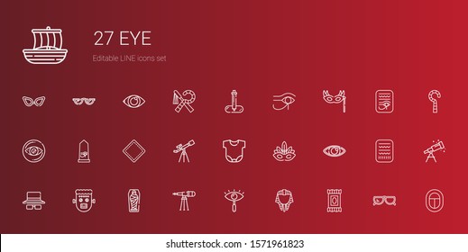 eye icons set. Collection of eye with makeup remover wipes, egyptian, telescope, mummy, frankenstein, sunglasses, eye mask, body, patch, egypt. Editable and scalable icons.