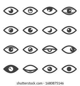 Iconos de ojos establecidos. Diferentes variaciones de la imagen lineal con diferentes variaciones de los alumnos. Vector aislado sobre fondo blanco.