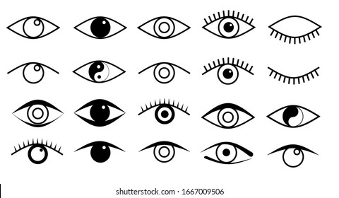 Eye icons set. Open and closed eyes images, sleeping eye shapes with eyelash, vector supervision and searching signs