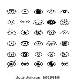 Los iconos oculares establecen el estilo de esquema. Imágenes de ojos abiertos y cerrados, formas oculares durmientes con pestañas, supervisión vectorial y búsqueda de signos ilustración aislada en fondo blanco.Órgano humano 