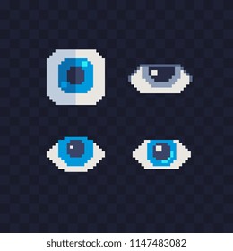 Eye icons set. Pixel art style. 8-bit. Video game sprite. Game assets. Blue color eyes isolated abstract vector illustration. Design for sticker, logo shop, mobile app.