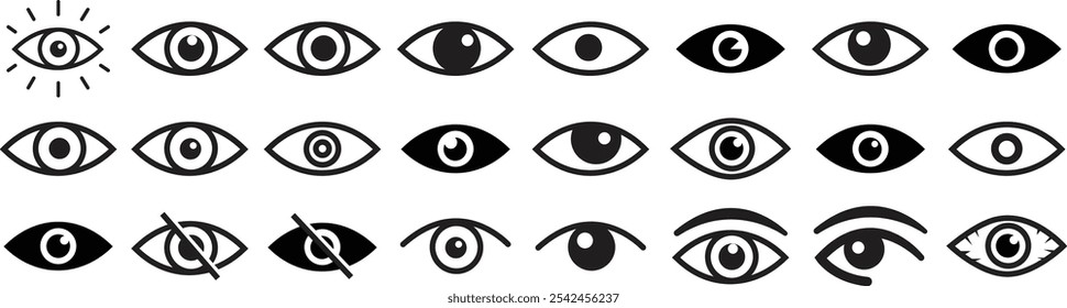 Conjunto de iconos de ojos. Colección ocular simple. Signo de visión ocular. Símbolo moderno del ojo aislado en el fondo blanco. Icono de ojo de Vector para Contraseñas visibles e invisibles para App y Sitios web.