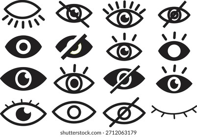 Conjunto de iconos de ojos: visibilidad, vista oculta, símbolo visual, Ilustraciones de observación y apariencia, iconos de línea de ojos abiertos y cerrados para interfaz de usuario, Web y Diseño gráfico