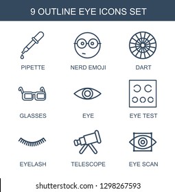 eye icons. Trendy 9 eye icons. Contain icons such as pipette, nerd emoji, dart, glasses, eye test, eyelash, telescope, scan. icon for web and mobile.