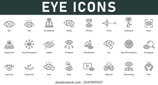 Eye Icons Vektorgrafik mit dünner Linie editierbarer Strich enthält Überwachung Zeuge Vision Fokus Überwachung visuelle Wahrnehmung versteckt Drop Betrachter Ansicht vergleichen sehen sichtbar offenes Auge