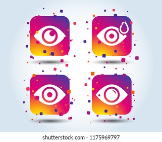 Eye icons. Water drops in the eye symbols. Red eye effect signs. Colour gradient square buttons. Flat design concept. Vector