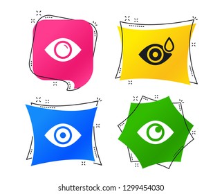 Eye icons. Water drops in the eye symbols. Red eye effect signs. Geometric colorful tags. Banners with flat icons. Trendy design. Vector