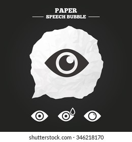 Eye icons. Water drops in the eye symbols. Red eye effect signs. Paper speech bubble with icon.