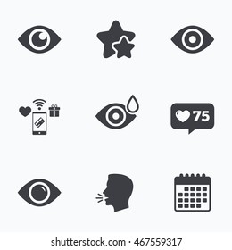 Eye icons. Water drops in the eye symbols. Red eye effect signs. Flat talking head, calendar icons. Stars, like counter icons. Vector