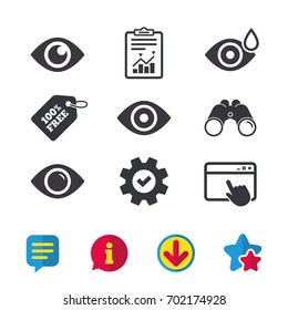 Eye icons. Water drops in the eye symbols. Red eye effect signs. Browser window, Report and Service signs. Binoculars, Information and Download icons. Stars and Chat. Vector