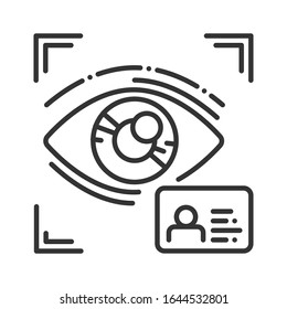 Eye identification black line icon. ID and verifying. Authorization person. Concept of: dna system, scientific technology, scanning. Biometric security element. Sign for web page, mobile app.