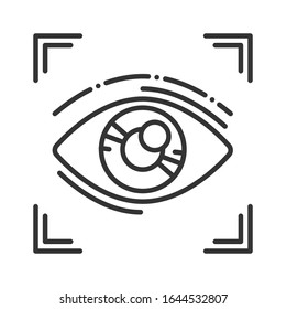 Icono de línea negra de identificación ocular. Identificar y verificar persona. Concepto de: sistema dna, tecnología científica, escaneo. Elemento de seguridad biométrica. Firma para página web, aplicación móvil.