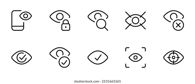 Icono de Identificación de ojos, reconocimiento de ojos, escaneo de retina, conjunto de iconos de reconocimiento de iris aislado. Icono del escáner del iris, ícono del escaneo óptico, Vector del contorno, Web, App, ui, ux