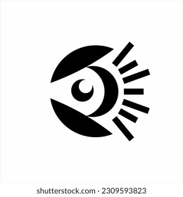 Eye illustration logo design with crescent moon and sunshine elements with abstract letter A.