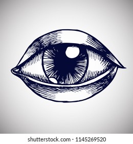 Eye illustration in vintage style. Hand drawn vector logo for your design.