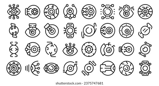 Eye implants icons set outline vector. Contact lens. Hazel health bionic