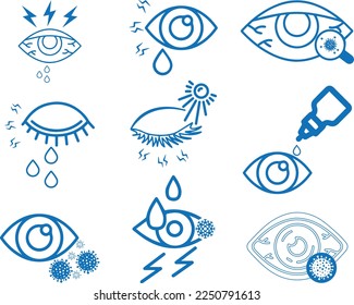 Conjunto de iconos de infección ocular, conjunto de iconos de enfermedad ocular vector azul 