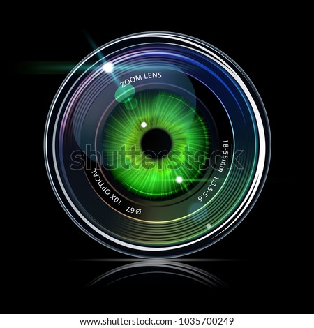 Eye inside a camera photo lens, vector illustration
