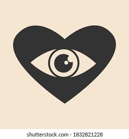 Eye inside a heart shape, symbol icon, flat design, black color. Concept of watching by heart. Vector illustration. White background