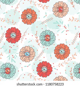 eye instead of a flower core. flower with an eye.  garden. seamless pattern with flowers
