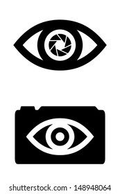 Eye with integrated camera lens. Vector icons.