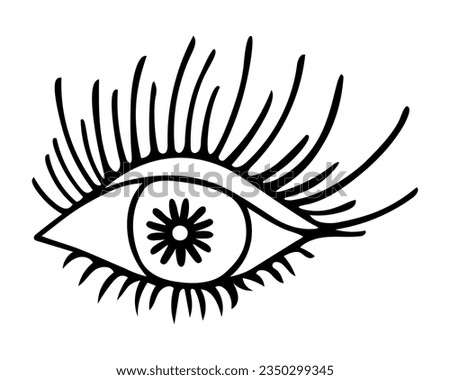 Eye. Eye iris, pupil, eyelid and fluffy eyelashes. All-seeing eye. Sketch. Vector illustration. Doodle style. Outline on isolated background. Coloring book for children. Idea for web design.
