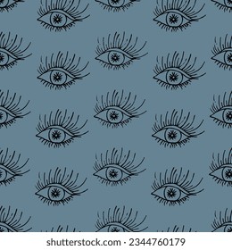 Ojo. Iris ocular, pupila y pestañas largas. Esbozo. Patrón vector repetitivo. Estilo Doodle. Fondo azul aislado. Ornamento visual sin foco.