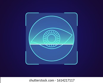 Eye iris recognition. Biometric scanning system for human eye, holographic interface of person identification. Iris eye ID technology. System recognition and verification. Vector illustration