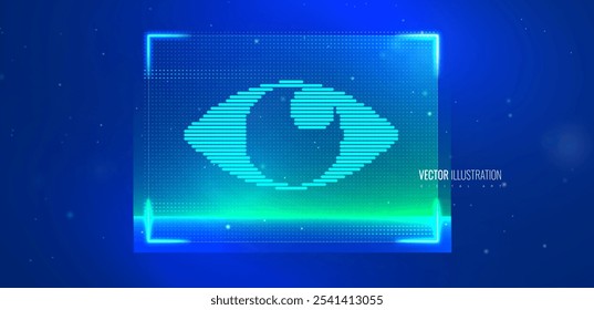 Reconocimiento del iris del ojo, sistema biométrico digital de la exploración, Identificación holográfica de la interfaz, sistema de la tecnología de la protección del reconocimiento y de la verificación - cartel futurista de la Ilustración vectorial