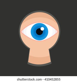 Eye in keyhole color flat vector illustration, teaser spying through the key slit, blue pupil eye in key hole spying or peeping