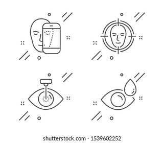 Eye laser, Face detect and Face biometrics line icons set. Eye drops sign. Optometry clinic, Select target, Facial recognition. Check vision. Medical set. Line eye laser outline icon. Vector