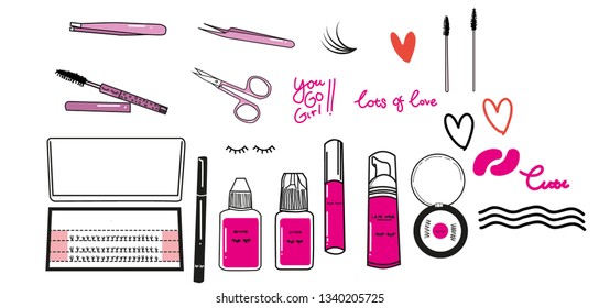 eye lashes extention beauty kit isolated hot pink vector pattern