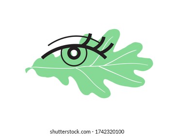 Eye with leaf as wildlife or birdwatching icon. Green oil leaf with simple line eye icon.