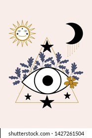Eye, Leaves And Celestial Elements. Vector Elements, With A Light Background