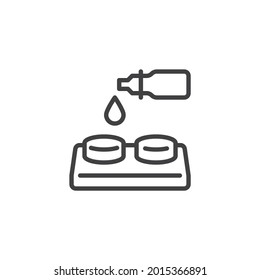Icono de la línea del cuentagotas de la lente ocular. signo de estilo lineal para concepto móvil y diseño web. La lente de contacto desciende ​ icono del vector de contorno. Símbolo, ilustración del logotipo. Gráfico vectorial