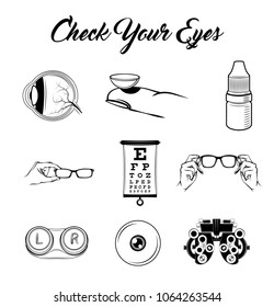 Eye, Lens, Glasses, Vision Test table. Eye examination. Optics set. ophthalmology icons set. Vector illustration Lens case, lens container