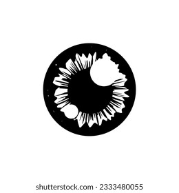 Iris e ícono de la lente ocular, pictograma de ojos humanos, signo de orina, símbolo del iris, ilustración del vector óptico del alumno