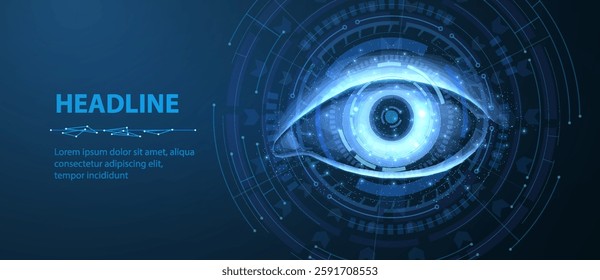 Eye lens on blue background. Lasik surgery, digital surveillance, vision technology, future security, medical scan, biometric identification, data protection, artificial intelligence concept.